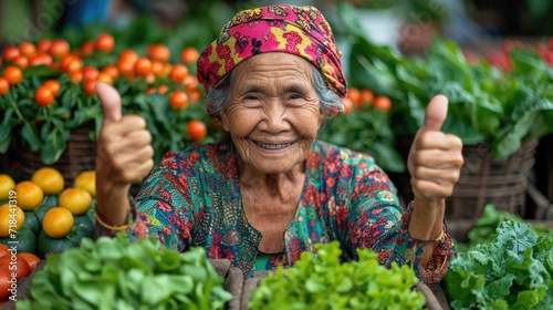 elderly wrinkle less women showing thumbs up  happy and cheerful on sitting on the farm.