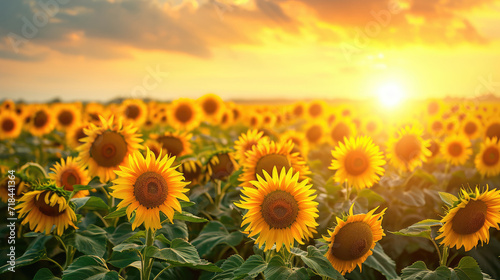 Stunning panorama of sunflower fields bathed in the warm glow of the setting sun