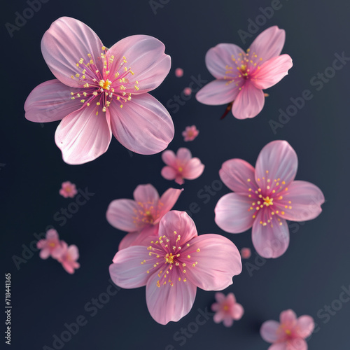 3D pink flowers with five pink petals and yellow center falling with different angles 