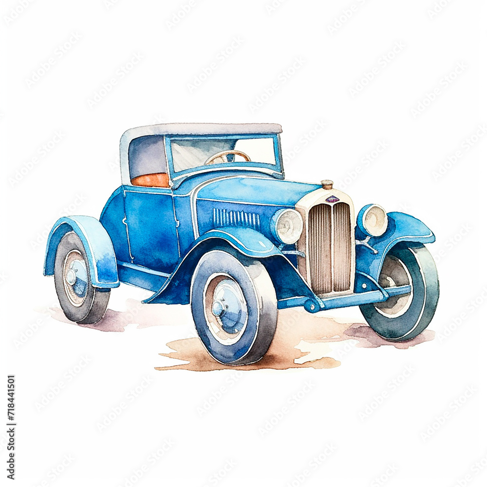 Bonita ilustración de un coche de juguete antiguo azul