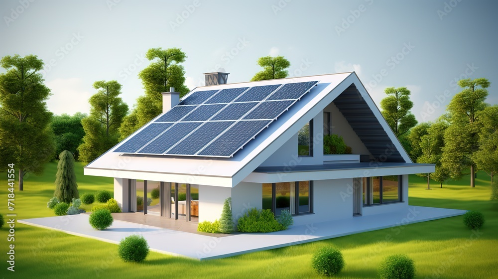 An illustration of the concept of renewable energy. Solar panels on top of the house with a modern minimalist concept. generative AI An illustration of the concept of renewable energy. Solar panels on top of the house with a modern minimalist concept. generative AI