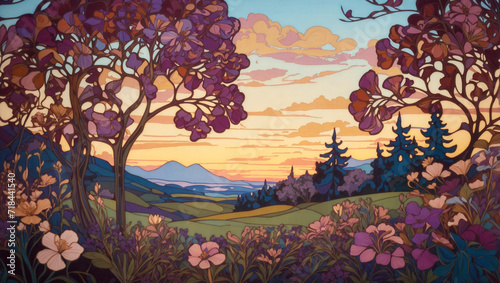 An Art Nouveau inspired landscape at dusk The scene is lush