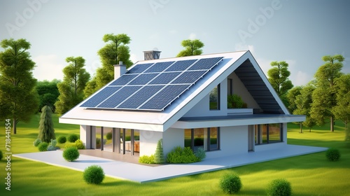An illustration of the concept of renewable energy. Solar panels on top of the house with a modern minimalist concept. generative AI © original logo