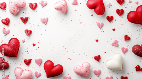 Valentine's day background with red and pink hearts on white background, flat lay, with copy space.