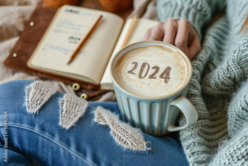 New year 2024 celebrated coffee cup with number "2024" on frothy surface of cappuccino in coffee cup holding by woman in green knitted sweater with jeans sitting on brown bed with notebook and pencil.