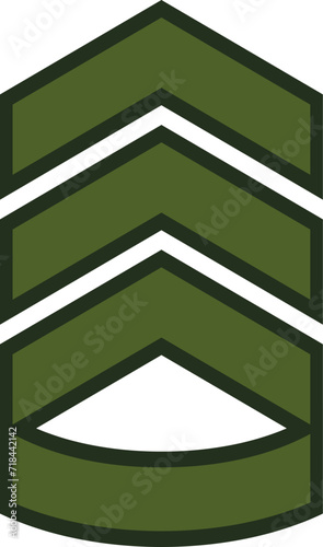 Green military rank insignia with chevrons and eye symbol. Army patch, sergeant stripes, and surveillance concept vector illustration.