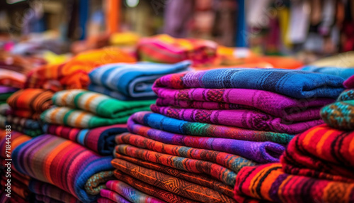 Multi colored textiles stacked in a store, showcasing the textile industry generated by AI photo