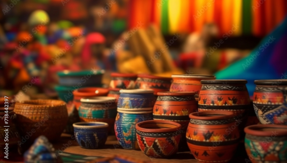 Multi colored pottery decoration, craft souvenir, indigenous culture, earthenware bowl, terracotta vase generated by AI