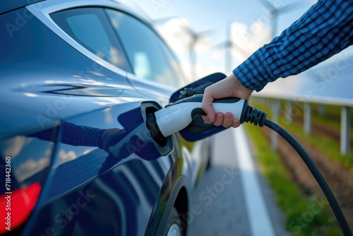 Man hand charging port connected charging into electric car at solar panel and windmill charging station, vehicle charging battery, environmental sustainability representation, eco green power