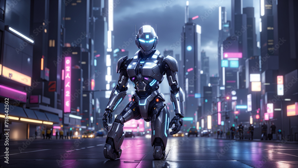 A scene depicting a futuristic with towering robots