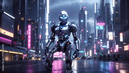 A scene depicting a futuristic with towering robots