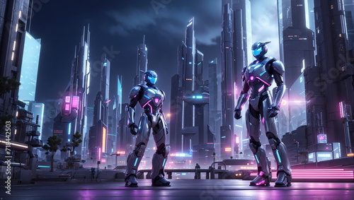 A scene depicting a futuristic with towering robots © itnozirmia