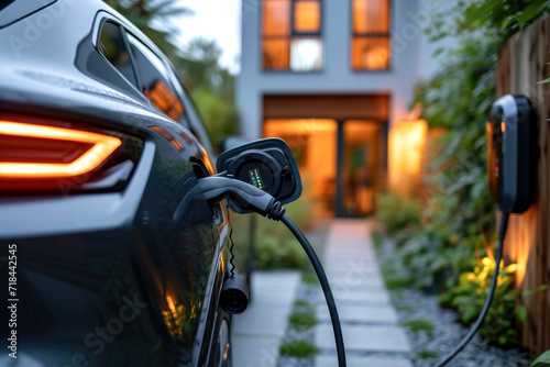 Wallpaper Mural Electric car's charging port connected to charging station charging visible at home background, vehicle charging battery, environmental sustainability representation, eco green power concept Torontodigital.ca