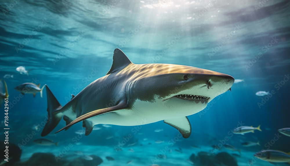 Majestic underwater creature swimming in the deep blue sea generated by AI