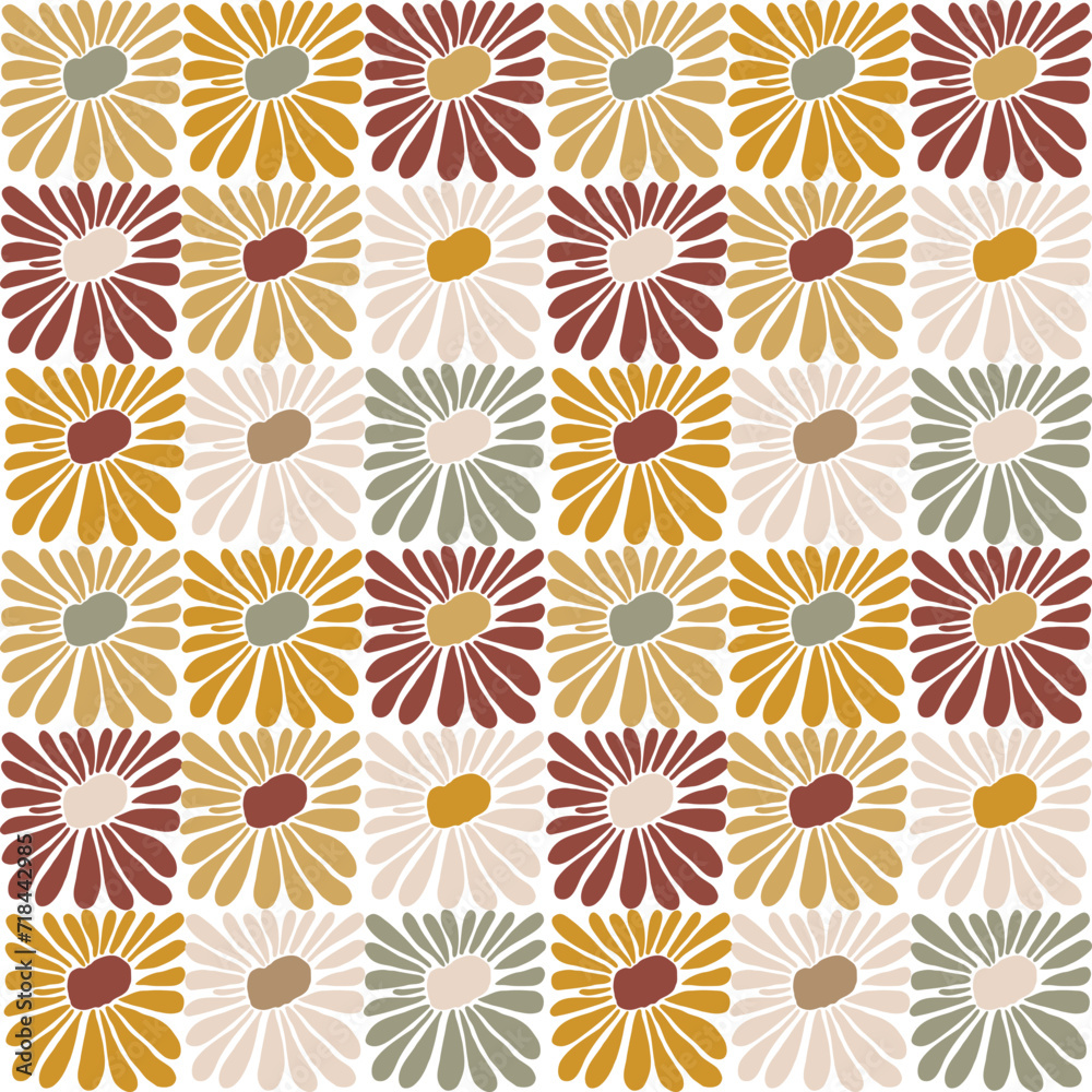 Obraz premium Groovy floral seamless tile in Matisse vibes. Trendy Naive Floral Vector Background in 1970s. Art deco pattern. Can be used for Print on fabric, wrapping paper, wallpaper.