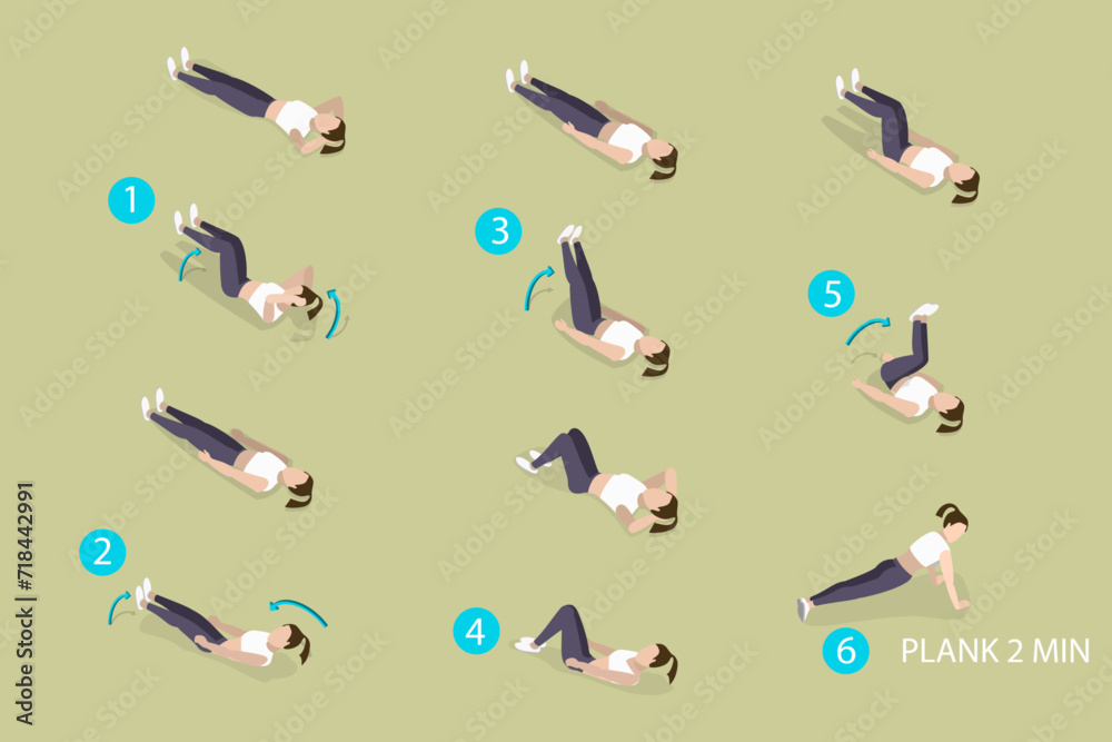 3D Isometric Flat Vector Illustration of ABS Workout For Women, Abdominal Training 3D Isometric Flat Vector Illustration of ABS Workout For Women, Abdominal Training