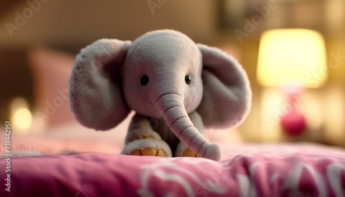 Cute elephant toy on a small bed, indoors, playing fun generated by AI
