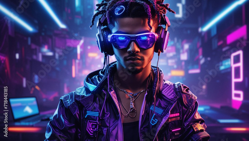 A portrait of a cyberpunk DJ inspired by Ready Player