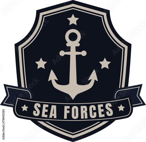Navy emblem with anchor and stars on dark shield. Military badge design with ribbon and text Sea Forces. Naval insignia and maritime theme vector illustration.
