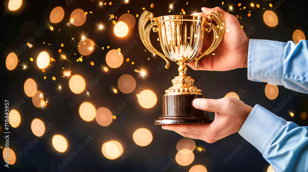 A victorious athlete holding a trophy, symbolizing achievement, success, and the thrill of winning in sports A victorious athlete holding a trophy, symbolizing achievement, success, and the thrill of winning in sports