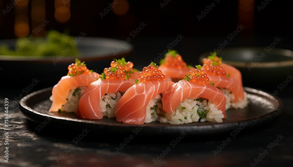 Freshness and cultures on a plate seafood, sashimi, nigiri, maki sushi generated by AI Freshness and cultures on a plate seafood, sashimi, nigiri, maki sushi generated by AI