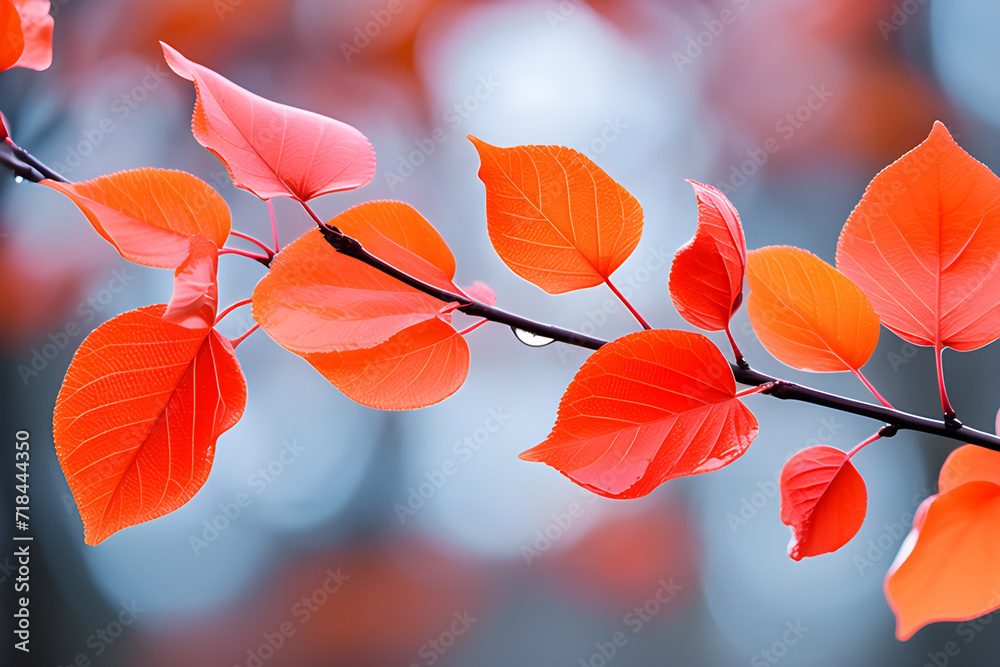 Blurry Red Orange in Spring: Red-orange flowers blooming against a blurry background on branches, the beauty of spring generative ai