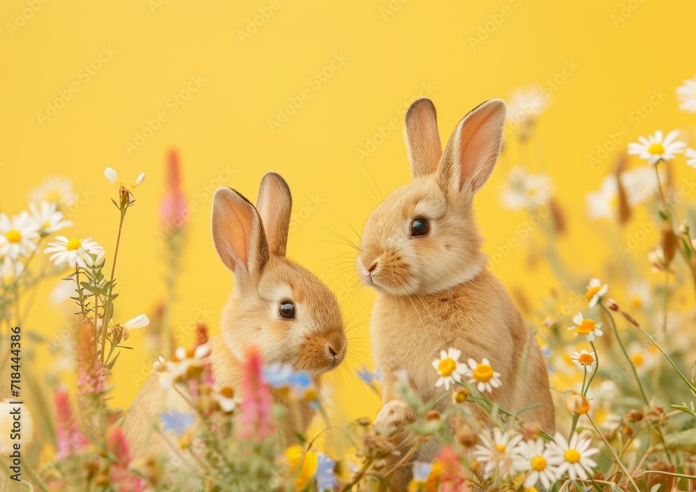Fototapeta premium Two Rabbits Sitting in a Field of Daisies, Nature, Animals, Outdoors, Wildlife