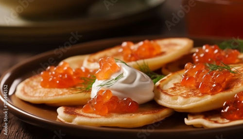 Freshness and indulgence on a gourmet plate of homemade pancakes generated by AI