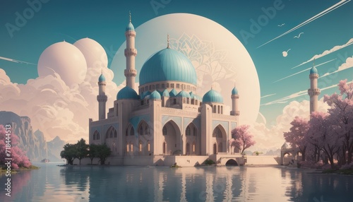 mosque at sunset or illustration of an icon, set of icons for design mosque, mosque Islamic Ramadhan, elements mosque muslim 