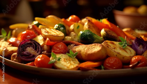Fresh, healthy vegetarian salad on a wooden plate with grilled vegetables generated by AI