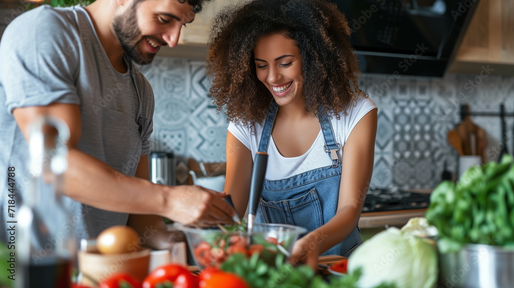 Happy couple preparing salad in kitchen. Generative AI Happy couple preparing salad in kitchen. Generative AI
