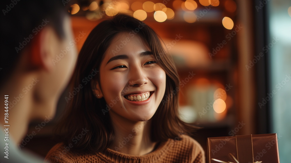 An Asian woman smiling brightly while receiving a gift from her boyfriend. Boyfriend's side view. Close up. Generative AI An Asian woman smiling brightly while receiving a gift from her boyfriend. Boyfriend's side view. Close up. Generative AI