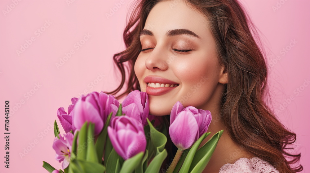 Lovely woman with purple tulips bunch, pink background. copy space - Generative AI