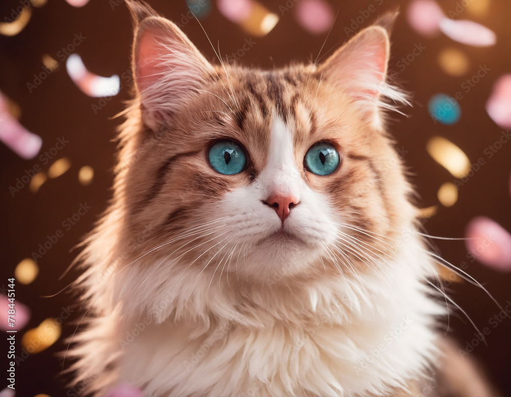 Portrait of a beautiful fluffy cat with colorful confetti. The concept of a holiday