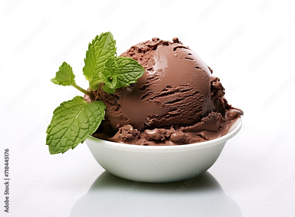 Chocolate ice cream in a bowl decorated with green mint leaves In the photo on a white background. generative AI Chocolate ice cream in a bowl decorated with green mint leaves In the photo on a white background. generative AI