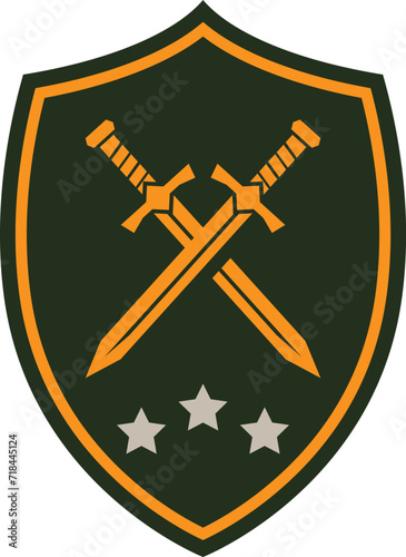 Military emblem with crossed swords and stars on shield. Dark green and orange army badge for game or logo. Security and defense symbol vector illustration.