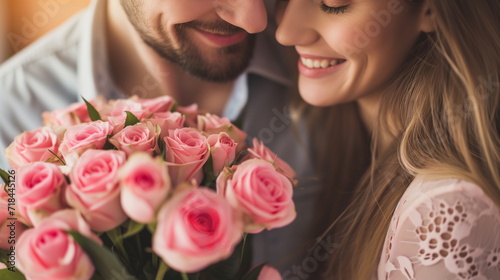 A happy man and woman couple holding a bouquet of pink color roses. Close up. Generative AI
