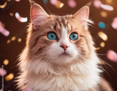 Portrait of a beautiful fluffy cat with colorful confetti. The concept of a holiday