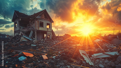 The sun is setting behind a streetscape devastated by a natural disaster. Generative AI