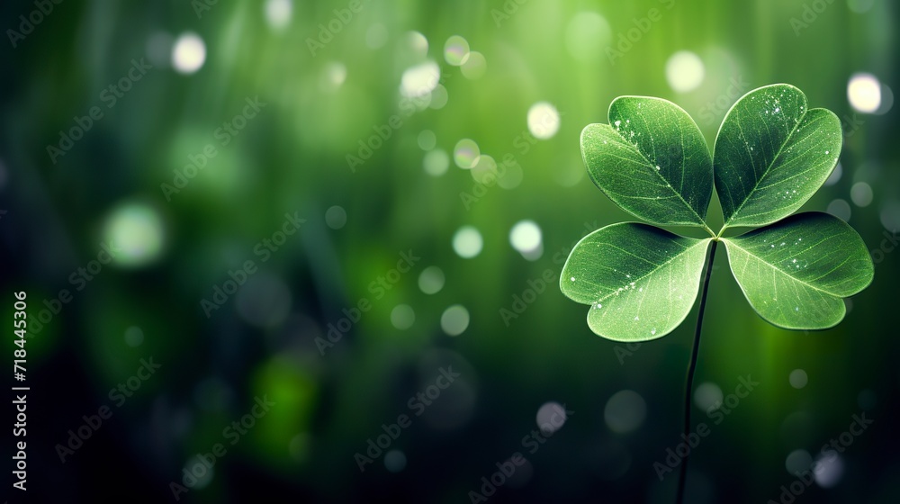 A green clover leaf on blurred abstract background. Green clover with natural elements. Four leaf clover background. Earth day and Saint Patrick's day.