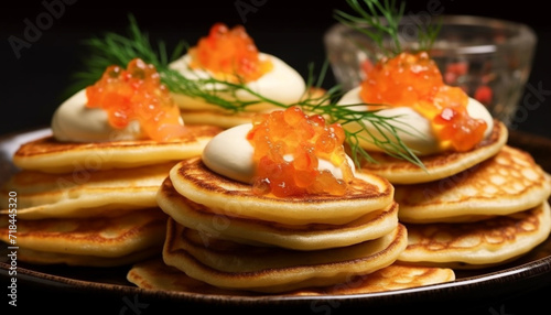 Freshness and gourmet stack of homemade pancakes with seafood blini generated by AI