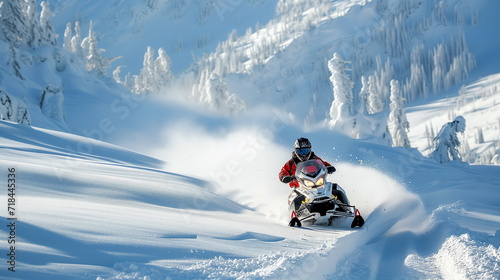 A snowmobile racing down a snow-covered mountain, causing a blizzard. Generative AI
