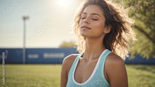 Athletic slim young woman in sportswear breathing, meditating and sunbathing in the morning sun, Fitness, wellness and healthy lifestyle.