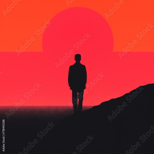 Solo entrepreneur businessman business person silhouette on a bright bold red background - Screenprint style artwork