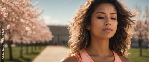 Athletic slim young woman in sportswear breathing, meditating and sunbathing in the morning sun, Fitness, wellness and healthy lifestyle.