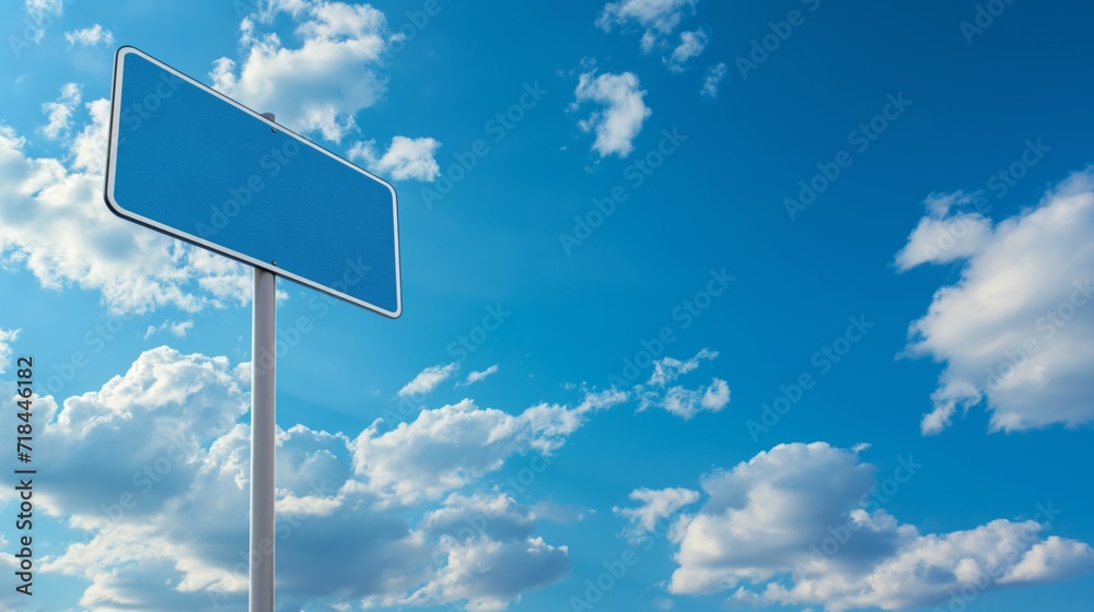 Blank blue traffic sign against blue sky background with white clouds. Mockup traffic sign with copy space. Blank blue traffic sign against blue sky background with white clouds. Mockup traffic sign with copy space.