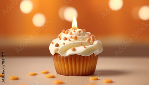 Cupcake with candle, baked birthday dessert, sweet indulgence, vibrant decoration generated by AI