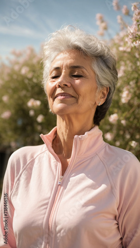 portrait of relaxed elderly woman wearing sportswear, enjoying nature, exercising, breathing fresh air ,meditating in nature, in the park, sunbathing in the morning, space for text
 photo