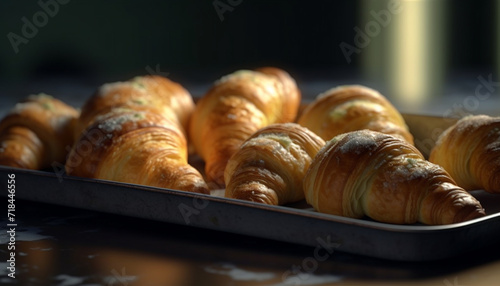 Freshly baked croissant, a French gourmet snack, on wooden table generated by AI