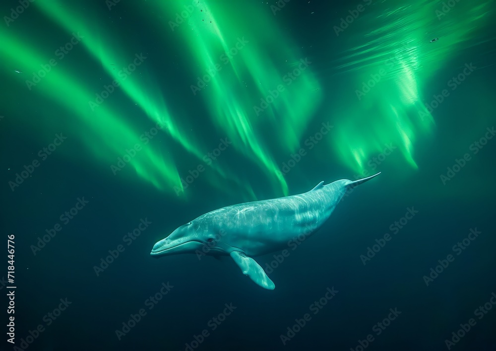 Fototapeta premium Dolphin Swimming Under Aurora Borealis Green Lights